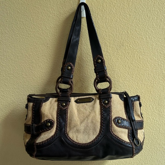 Isabella Fiore Handbags - Isabella Fiore- “Lage” Tan Fabric Or Jute And Brown Leather Handbag EUC!